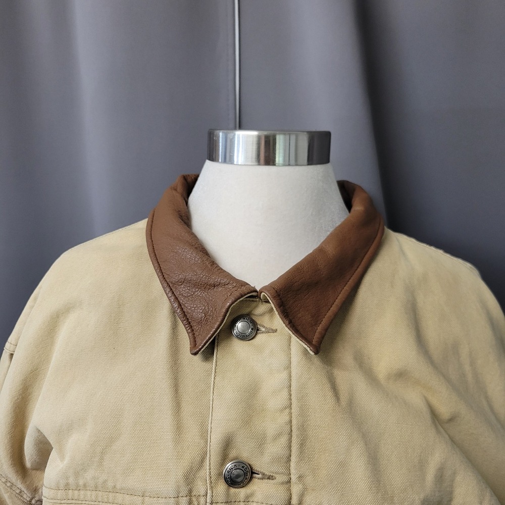 Vintage Woolrich Canvas Trucker Jacket Tan Leather Collar Striped Blanket Lined - Picture 5 of 9
